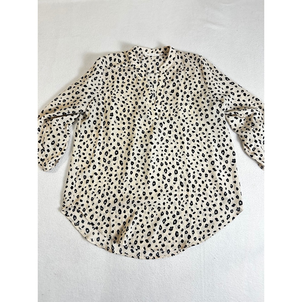 Lush Womens Leopard Print Roll Tab Sleeve Split Neck Blouse Cream Black Small